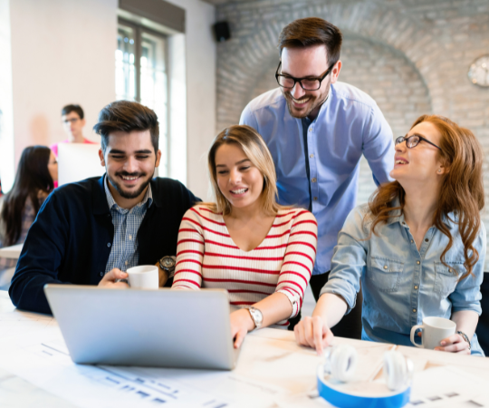how-much-equity-to-give-early-employees-alt-higher-res Illustrated image of small blue figurines positioned in a circle on a white background. In the middle of the circle in the word share. A digital finger is also pointing to the word.
